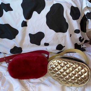 A red fluffy Fanny pack and a gold fanny pack.
